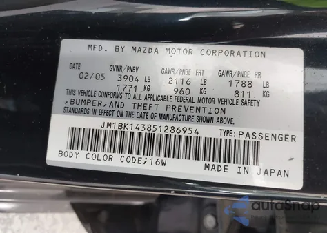 2005 Mazda 3 S из США, поврежденный, VIN JM1BK143851286954